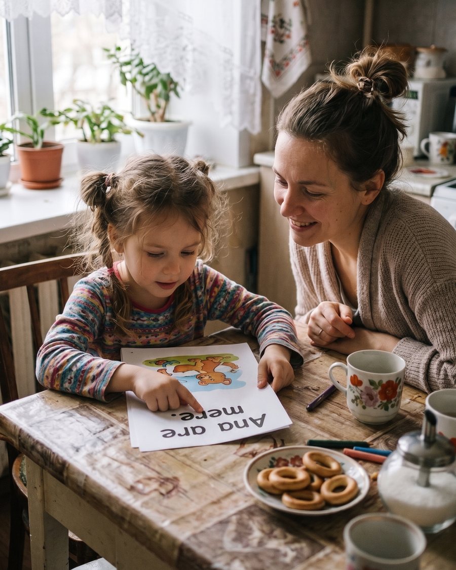 Fetiță care citește o poveste din kit alături de mama ei